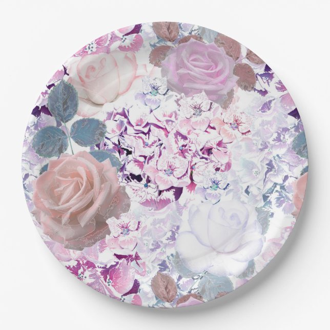 Aquarellfarbene Rose und Hydrangeas. Pappteller (Vorderseite)