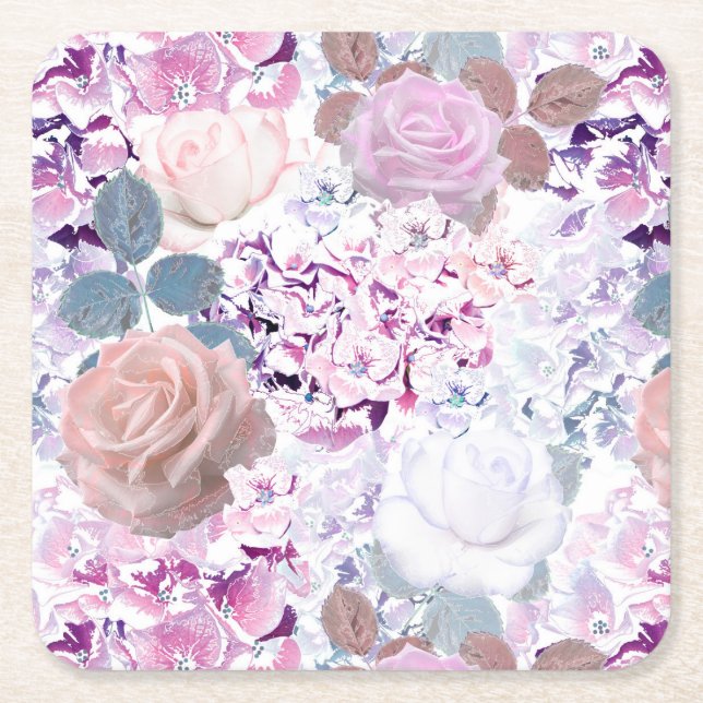Aquarellfarbene Rose und Hydrangeas. Rechteckiger Pappuntersetzer (Vorderseite)