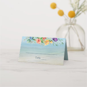 Aquarellfarbene Rose und Seashells Beach Wedding Platzkarte