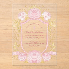 Aquarellfarbene Rose Wappen Taufe Acryleinladungen