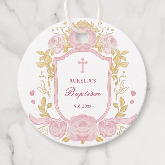 Aquarellfarbene Rose Wappen Taufe Geschenkanhänger (Vorderseite)