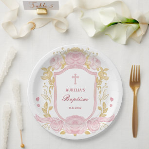 Aquarellfarbene Rose Wappen Taufe Pappteller