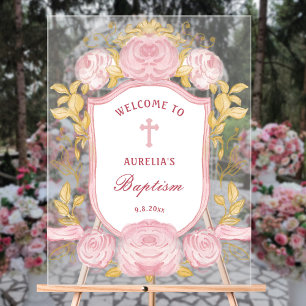 Aquarellfarbene Rose Wappen Taufe Willkommen Acrylschild
