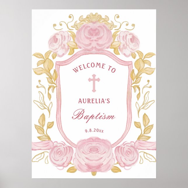 Aquarellfarbene Rose Wappen Taufe Willkommen Poster (Vorne)