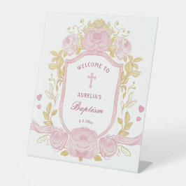 Aquarellfarbene Rose Wappen Taufe Willkommen Sockelschild