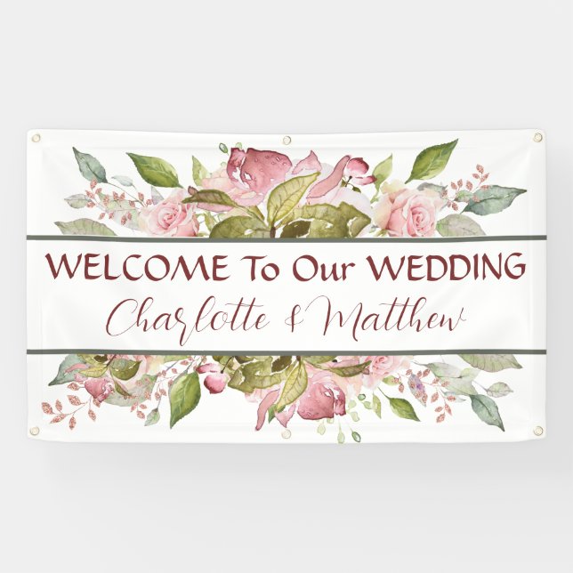 Aquarellfarbene Rose Weichrosa Hochzeit Banner (Horizontal)