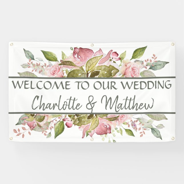 Aquarellfarbene Rose Weichrosa Hochzeit Banner (Horizontal)
