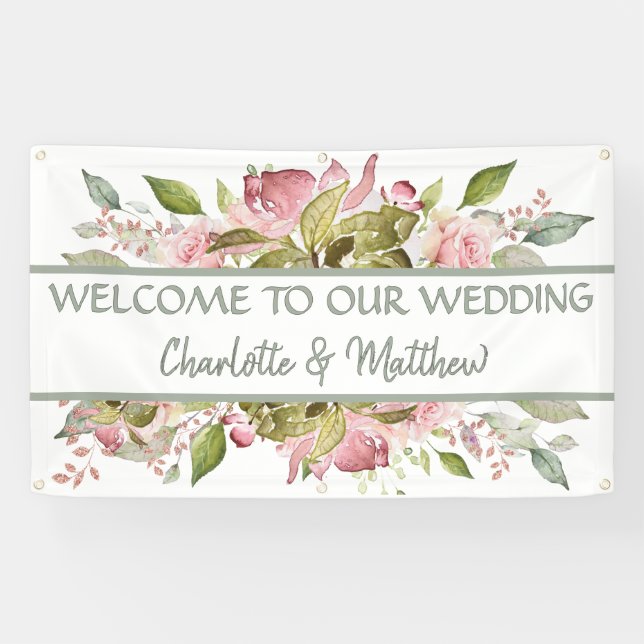 Aquarellfarbene Rose Weichrosa Hochzeit Banner (Horizontal)