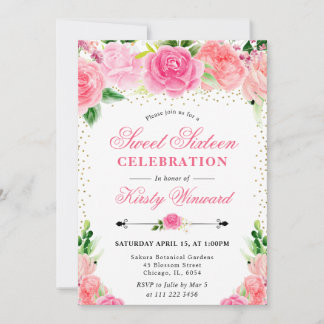 Aquarellfarbene Rosen Blume Foto Sweet 16 Einladung