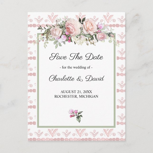 Aquarellfarbene Rosen, Blütenrosa Save the Date Ankündigungspostkarte (Vorderseite)