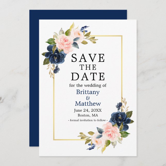 Aquarellfarbene Rosen Navy Blue Gold Frame Save The Date (Vorne/Hinten)