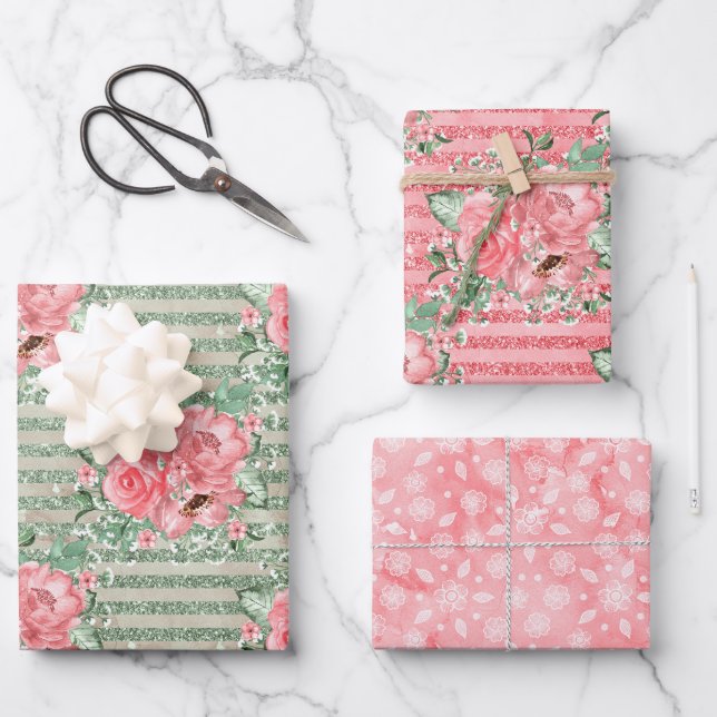 Aquarellfarbene Rosen und Glitzer Streifen Geschenkpapier Set (Vorderseite)