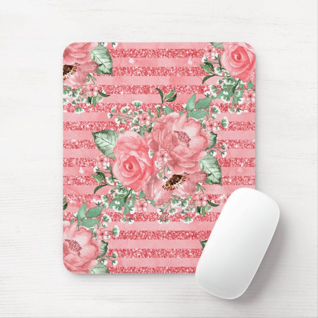 Aquarellfarbene Rosen und Glitzer Streifen Mousepad (Mit Mouse)