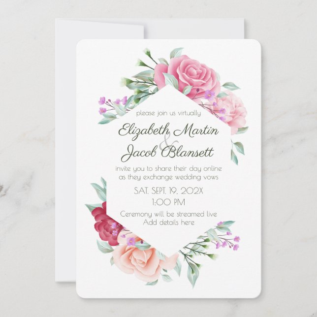 Aquarellfarbene Rosen & Violets Virtual Wedding Einladung (Vorderseite)