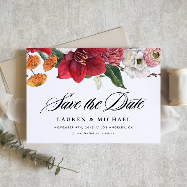 Aquarellfarbene rote Amaryllis und QR-Code für Her Save The Date (Watercolor floral save the date card with QR code. It features amaryllis and autumn flowers.)