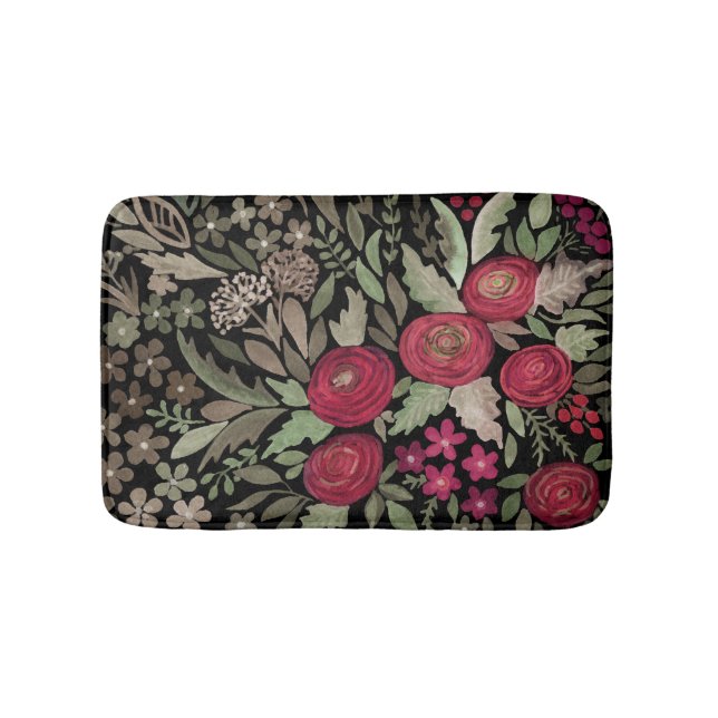 Aquarellfarbene rote Rosen Blume kleine Blumengrün Badematte (Vorderseite)