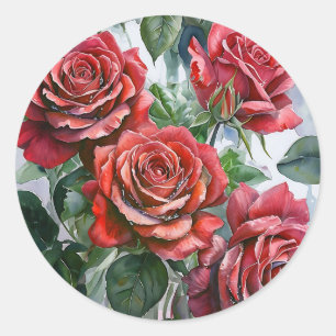 Aquarellfarbene Rote Rosen mit grünen Blätter Runder Aufkleber