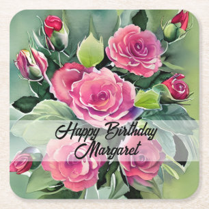 Aquarellfarbene Rote Rosen zum Geburtstag glücklic Rechteckiger Pappuntersetzer
