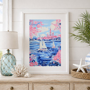 Aquarellfarbene Segelboote Blaue Gewässer Rosa Blü Poster