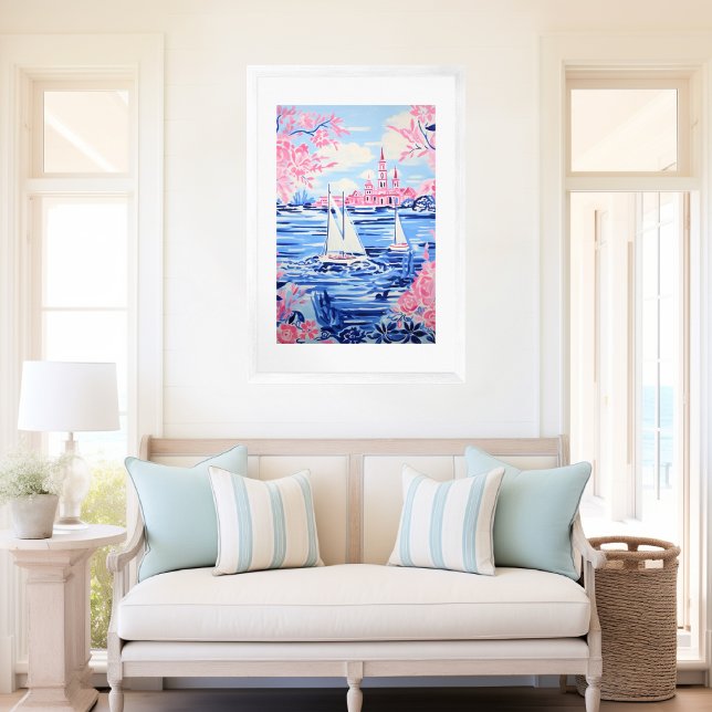 Aquarellfarbene Segelboote Blaue Gewässer Rosa Blü Poster (Von Creator hochgeladen)