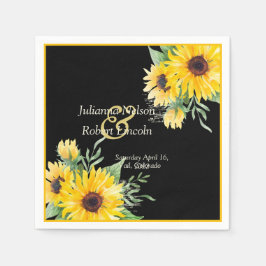Aquarellfarbene Sonnenblumen auf schwarzen Hochzei Serviette