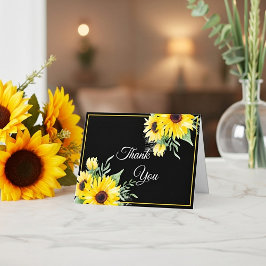 Aquarellfarbene Sonnenblumen auf schwarzer Hochzei Dankeskarte