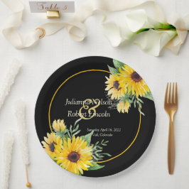 Aquarellfarbene Sonnenblumen auf schwarzer Hochzei Pappteller