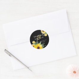 Aquarellfarbene Sonnenblumen auf schwarzer Hochzei Runder Aufkleber