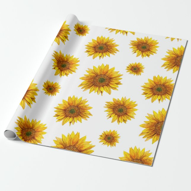 Aquarellfarbene Sonnenblumen. Rustikales Blumenmus Geschenkpapier (Ungerollt)