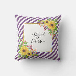 Aquarellfarbene Sonnenblumen und lila gestreiftes  Kissen