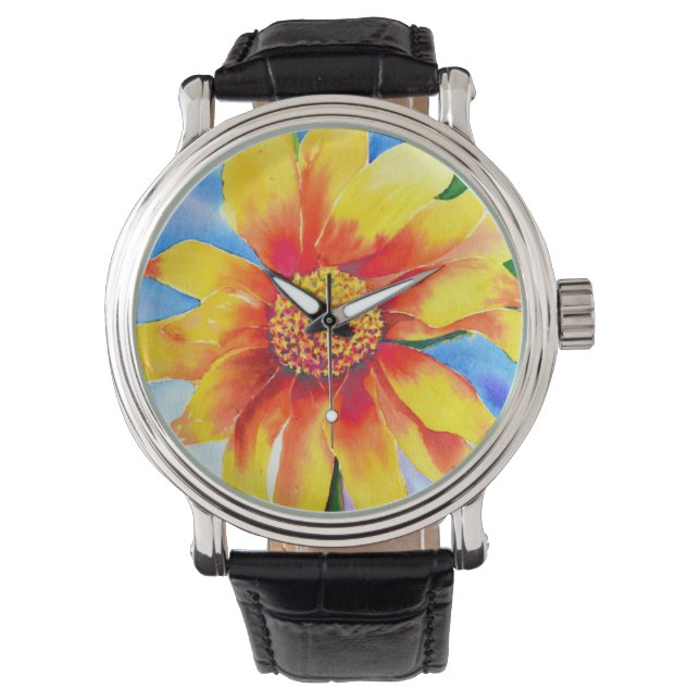 Aquarellfarbene Sonnenblumenmalerei Armbanduhr (Vorderseite)