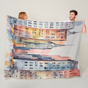 Aquarellfarbene Stadtbilder Skyscapers Fleecedecke