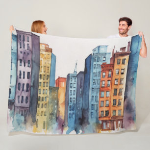 Aquarellfarbene Stadtbilder Skyscapers Fleecedecke
