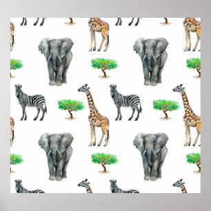 Aquarellfarbene Tiere Nahtloses Muster Poster