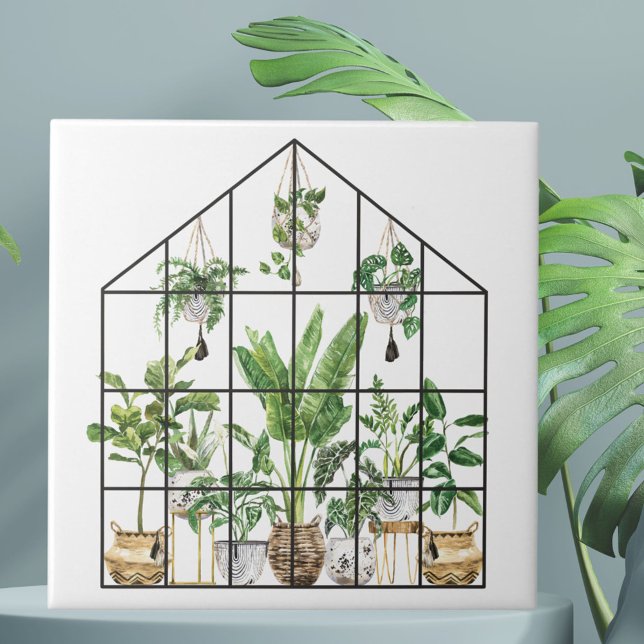 Aquarellfarbene tropische Grüne Hauspflanzengärten Fliese (Close up)