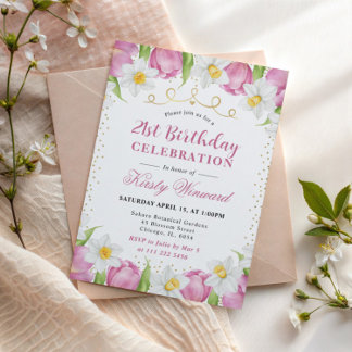 Aquarellfarbene Tulpen und Affodien Geburtstag Einladung