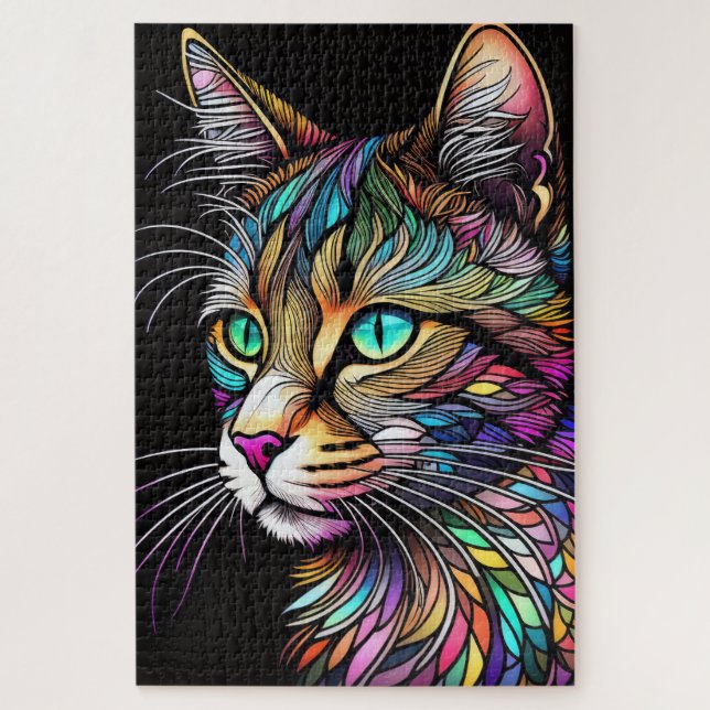 Aquarellfarbene, verglaste Katze Puzzle (Vertikal)