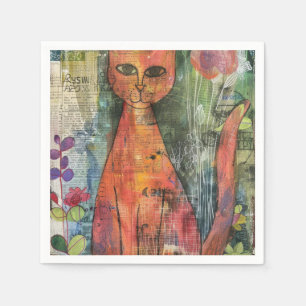 Aquarellfarbene Vintage Abstrakte Katze (11) Serviette