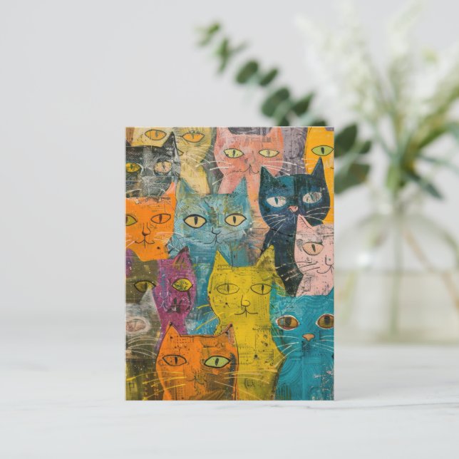 Aquarellfarbene Vintage Abstrakte Katze (12) Einladungspostkarte (Stehend Vorderseite)