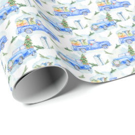 Aquarellfarbene Vintage blaue Autos mit Weihnachts Geschenkpapier