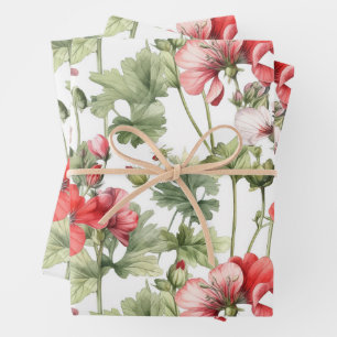 Aquarellfarbene Vintage Geranium-Blume und -Blätte Geschenkpapier Set
