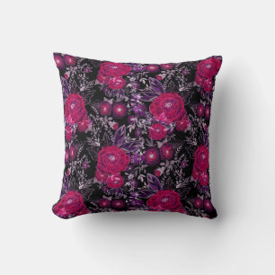 Aquarellfarbene violette Blumen dunkelschwarz Kissen