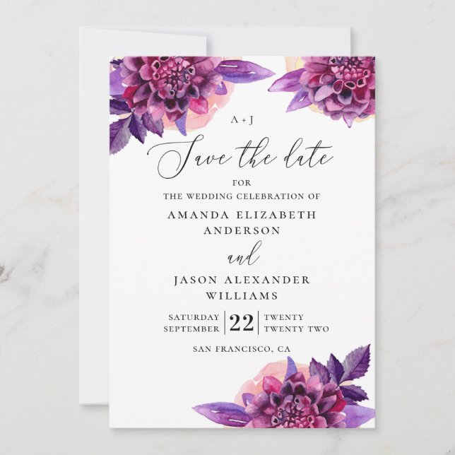 Aquarellfarbene violette Blumen. Hochzeit mit Blum Save The Date (Vorderseite)