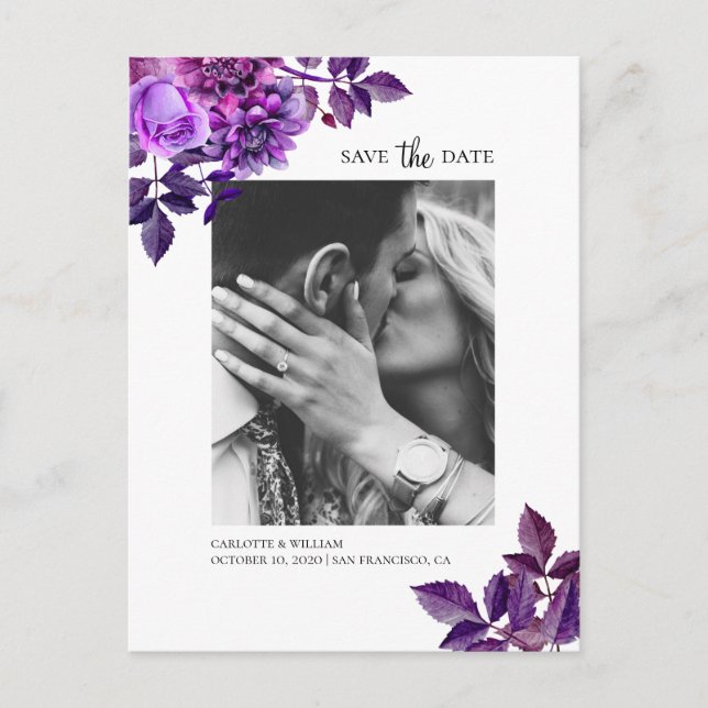 Aquarellfarbene violette Blumen. Save the Date Postkarte (Vorderseite)