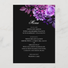 Aquarellfarbene violette Blumen. Schwarze Hochzeit Menükarte