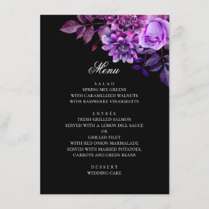 Aquarellfarbene violette Blumen. Schwarze Hochzeit Menükarte