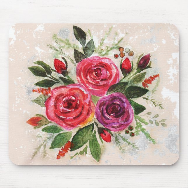 Aquarellfarbene violette Rose Blume Blätter Mousepad (Vorne)