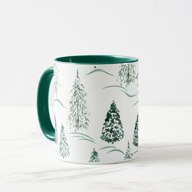 Aquarellfarbene Weihnachtsbäume. Winterwald. Tasse (Vorderseite Links)