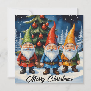 Aquarellfarbene Weihnachtsgnomen Winterwald Feiertagskarte
