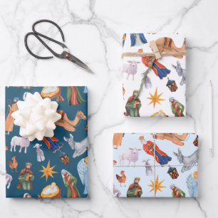 Aquarellfarbene Weihnachtskrippen Geschenkpapier Set
